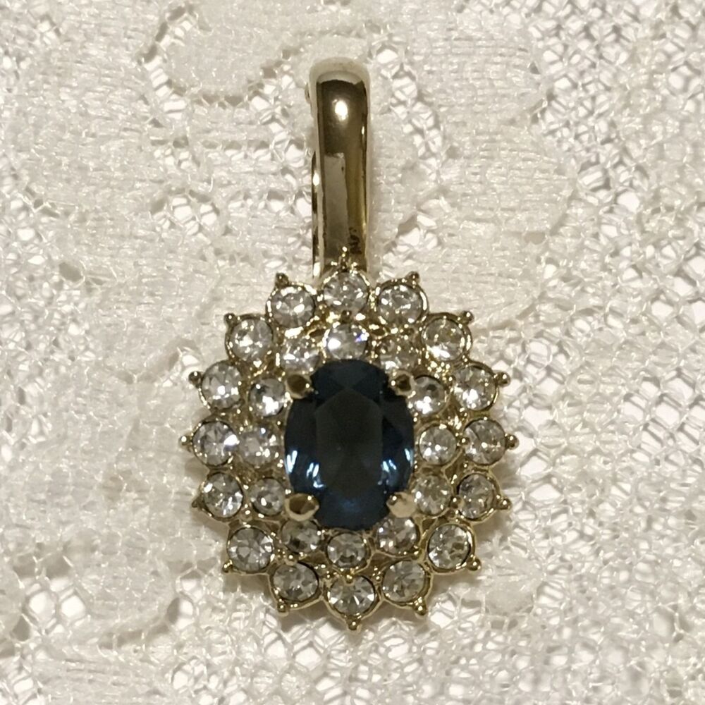 Blue Clear Rhinestone Pendant Gold Tone Lever Bale